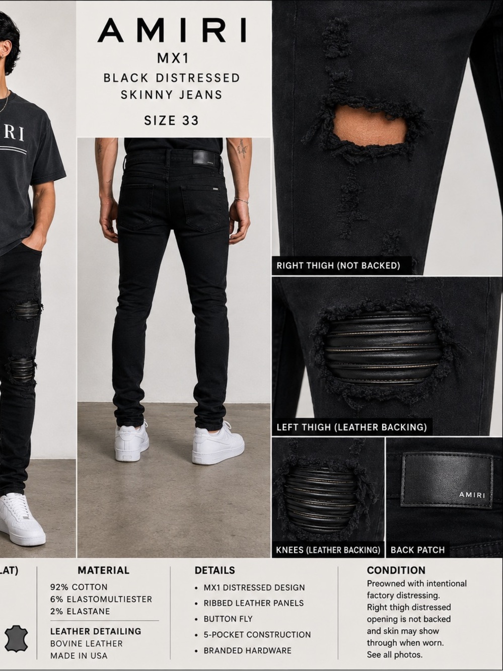 AMIRI MX1 Black Distressed Skinny Jeans Leather Size 33